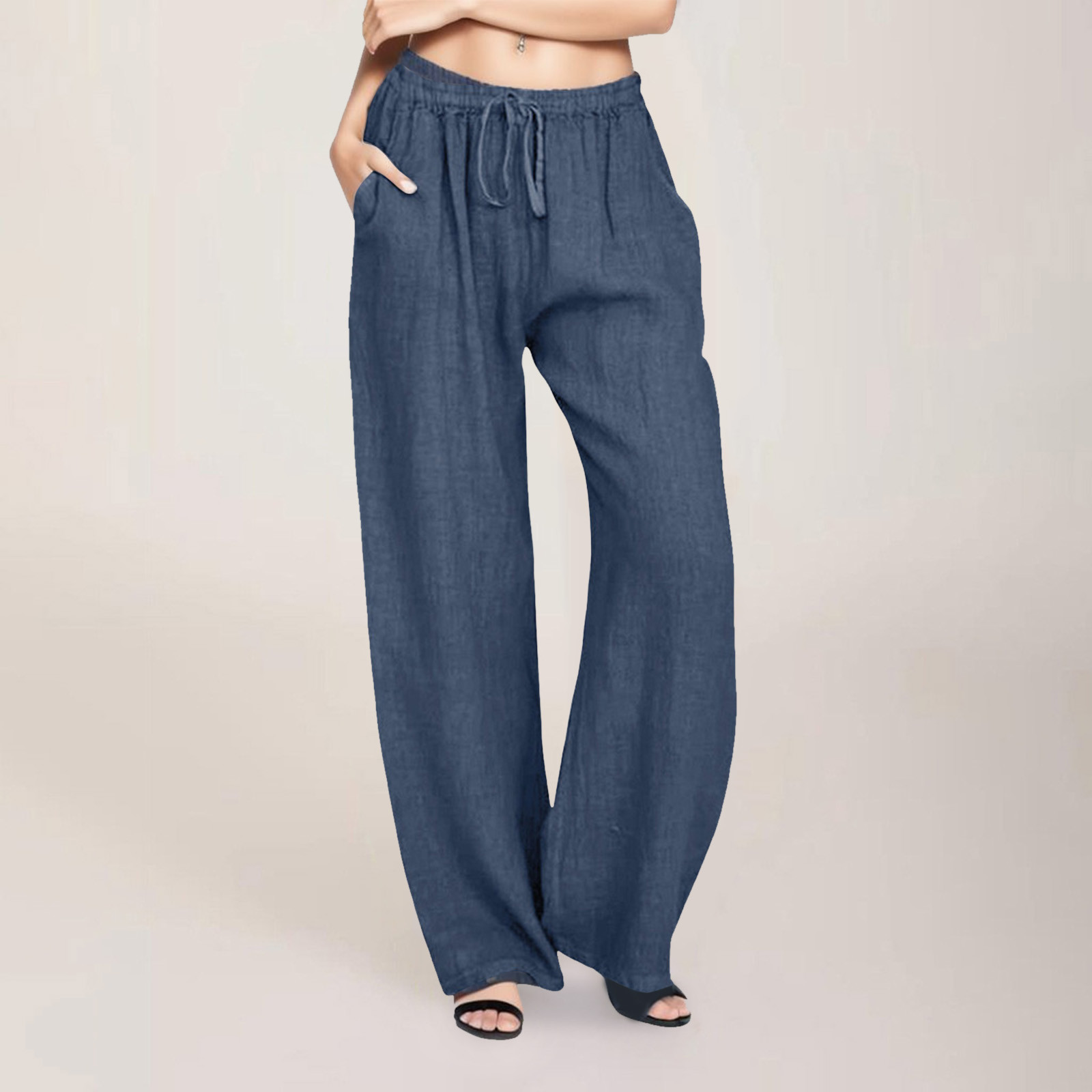 thumbnail image 2 of Pantalones anchos con cordón para mujer, de algodón liso y cintura elástica, para uso informal, 2 of 8